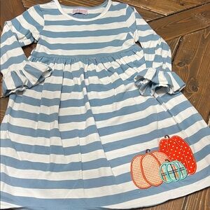 Blue and White Striped Kids Dress with Pumpkin Design